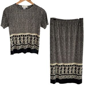 Vintage 90s Top + Skirt Set Sz S Neutral Accordion Fabric 2 Piece Outfit EUC